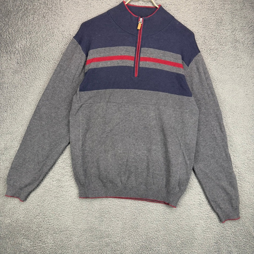 Roundtree & Yorke Mens Medium Gray Navy Red Striped Quarter Zip Sweater